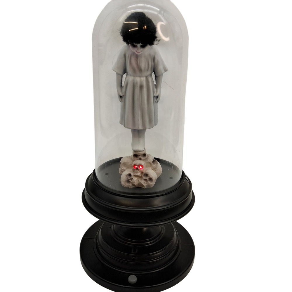 Animated Creepy Girl Cloche Glass Dome Phrases Screams Lights Skulls Scary HTF
